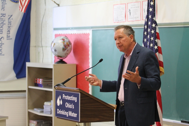 Nikos Frazier | The Vindicator Gov. John Kasich, speaks at the introduction of House Bill 512 at South Side Middle School in Columbiana. HB 512 protects Ohio's drinking water.